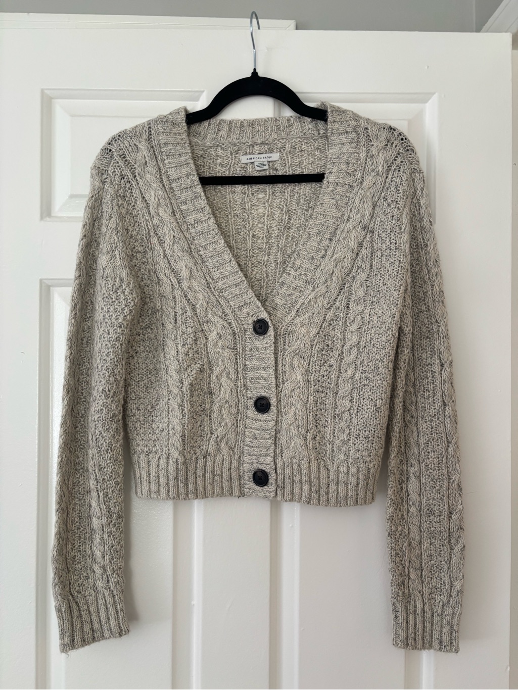 American Eagle Outfitters Heathered Beige Cable-Knit V-Neck Cropped Cardigan - S